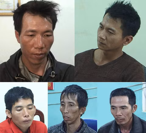 5 đối tượng bị khởi tố bắt giữ: Lường Văn Hùng (trên cùng bên trái); Vương Văn Hùng (trên cùng bên phải); Lường Văn Lả (áo đỏ); Bùi Văn Công (ở giữa) và Phạm Văn Nhiệm (dưới cùng bên phải).