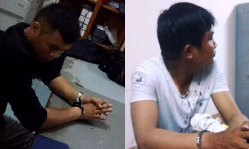 Các đối tượng dùng dao, mũ bảo hiểm tấn công CSGT đang vị Công an huyện Thống Nhất bắt giữ.