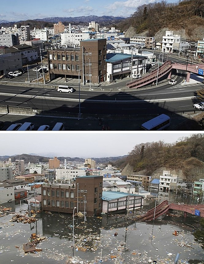  4. Sóng thần ở Nhật Bản: Một trận động đất đã xảy ra ở vùng bờ biển phía đông của hòn đảo lớn nhất Nhật Bản, đảo Honshu gây ra những cột sóng thần sức phá hoại khủng khiếp nhất. Những lớp sóng cao đến 40 mét đã xóa sổ mọi thứ trên đường nó đi qua.