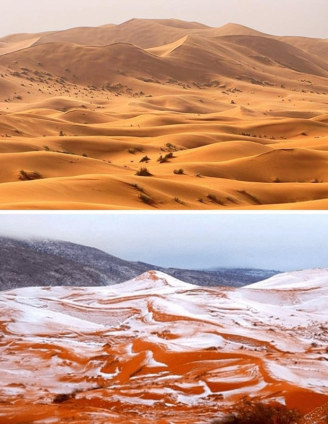  3. Nhiệt độ biến đổi: Có thể bạn không tin nhưng đây chính là tuyết trên sa mạc nóng bỏng của châu Phi. Vào tháng 1/2018, một lớp tuyết dày đã bao phủ Sahara. Biến đổi khí hậu nghiêm trọng có thể đưa mùa đông đến cả những vùng nhiệt đới nóng nhất!