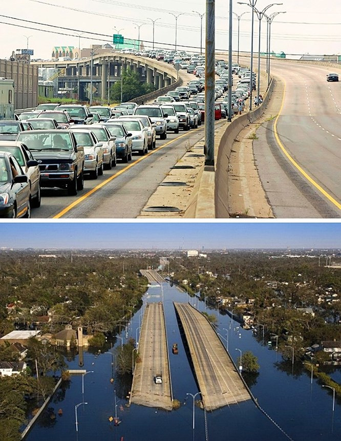  9. Bão Katrina: Một trong những siêu bão gây thiệt hại nặng nề nhất trong lịch sử Hoa Kỳ đã xảy ra ở New Orleans, 2005. Cơn bão đã nhấn chìm cả thành phố trong biển nước đáng sợ. Hàng loạt nhà cửa, trường học và nhà máy bị bỏ hoang vì hư hại nặng nề, một thập kỷ sau khi siêu bão Katrina quét qua. Katrina cũng là một trong những trận bão đáng sợ nhất trong lịch sử loài người.