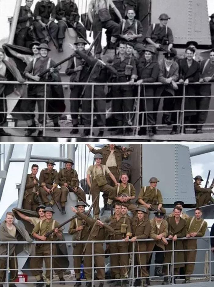 Bức ảnh đen trắng (trên) đã từng khiến nhiều người lầm tưởng rằng trào lưu chụp ảnh ''dab'' có từ thời xưa. Trên thực tế, không như mọi người kỳ vọng, ảnh này được chụp vào năm 2017 bởi ekip đoàn làm phim về chủ đề chiến tranh có tên Dunkirk, hai năm sau khi trào lưu ''dab'' rộ lên.