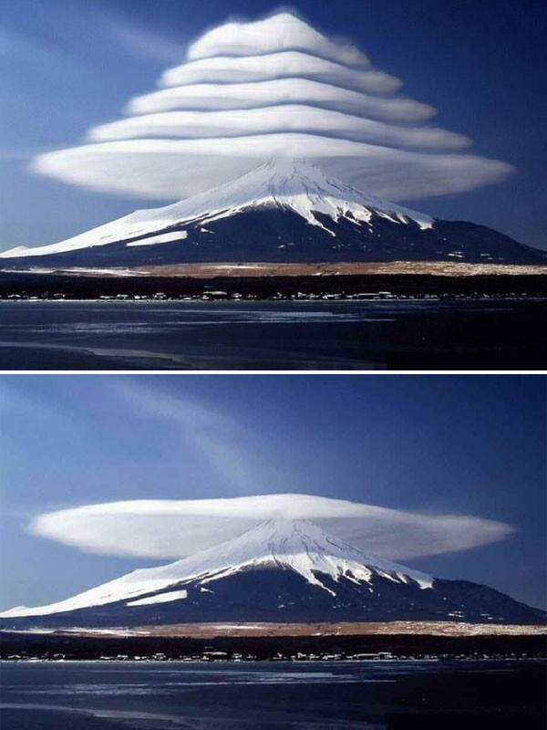 Hình ảnh lừa dối nổi tiếng này từng nằm trong top hình nền cho máy tính được tải về nhiều nhất đầu những năm 2010, khiến nhiều người tò mò về hiện tượng thiên nhiên kỳ thú. Thực tế, hiện tượng mây hình nón này là hoàn toàn có thật nhưng chỉ có một tầng duy nhất che đỉnh núi.