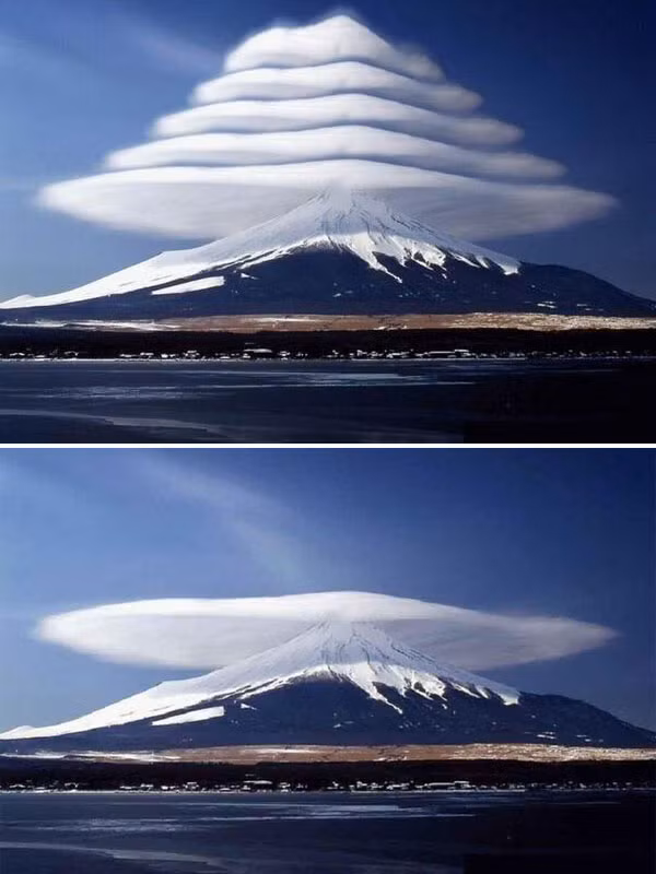 Hình ảnh lừa dối nổi tiếng này từng nằm trong top hình nền cho máy tính được tải về nhiều nhất đầu những năm 2010, khiến nhiều người tò mò về hiện tượng thiên nhiên kỳ thú. Thực tế, hiện tượng mây hình nón này là hoàn toàn có thật nhưng chỉ có một tầng duy nhất che đỉnh núi.