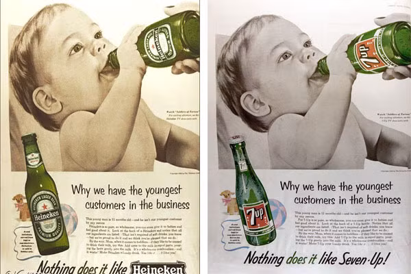 Đây chính là bức ảnh chứng minh những gì xuất hiện trên quảng cáo không hoàn toàn là sự thật. Poster quảng cáo này từng gây sốc cho nhiều người khi xuất hiện một em bé cầm chai bia uống ngon lành, thực tế thì trên tay cậu bé chỉ là một chai nước ngọt.