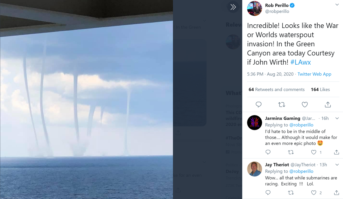 Điều đáng nói là xuất hiện tới 6 vòi rồng khổng lồ xoay tròn dữ dội đang di chuyển chầm chậm trên mặt nước như ngày tận thế.