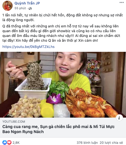 Quỳnh Trần JP sau đó đã đăng video chia sẻ sẽ không liên quan gì đến showbiz nữa.