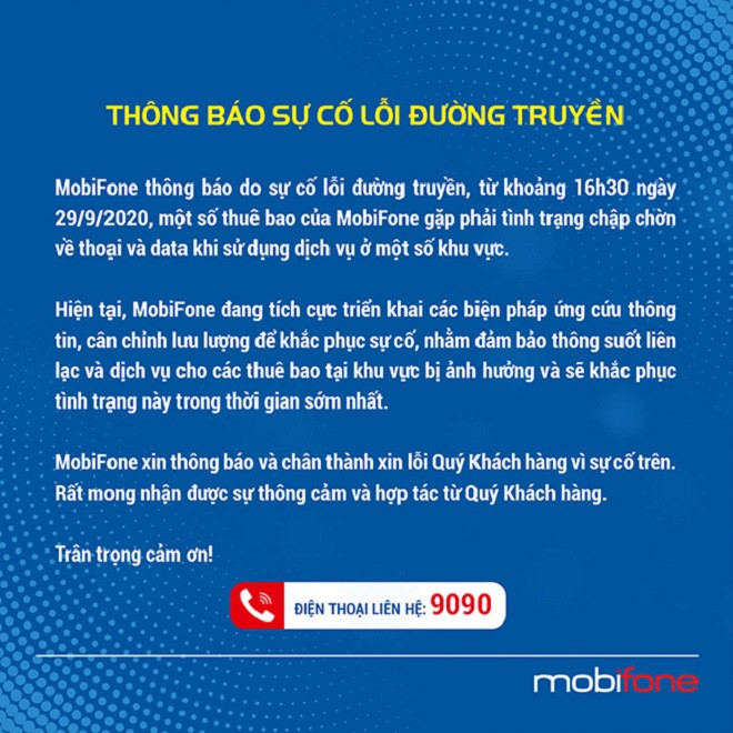 Ngày hôm sau, đại diện nhà mạng Mobifone lên tiếng giải thích, do sự cố lỗi đường truyền, từ cuối giờ chiều 29/9, một số thuê bao của nhà mạng này gặp phải tình trạng chập chờn về gọi thoại và dữ liệu (data) mạng 3G/4G khi sử dụng dịch vụ ở một số khu vực.