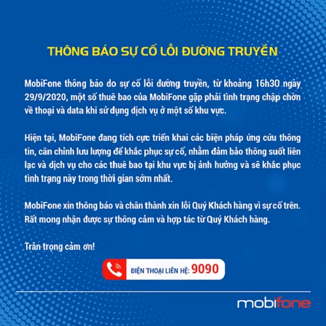 Ngày hôm sau, đại diện nhà mạng Mobifone lên tiếng giải thích, do sự cố lỗi đường truyền, từ cuối giờ chiều 29/9, một số thuê bao của nhà mạng này gặp phải tình trạng chập chờn về gọi thoại và dữ liệu (data) mạng 3G/4G khi sử dụng dịch vụ ở một số khu vực.