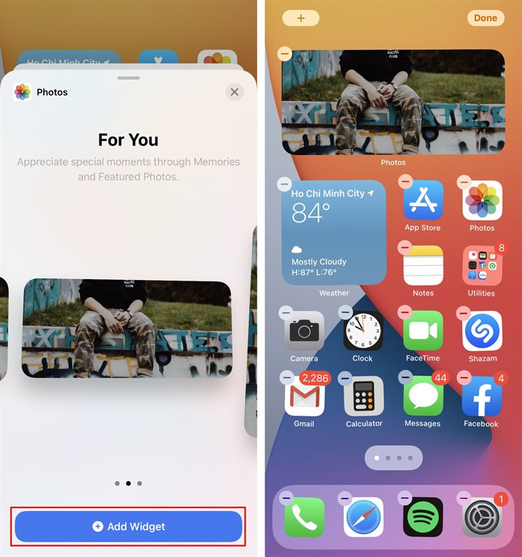 Bước 2: iPhone sẽ hiển thị các widget có sẵn như Ghi chú, Ảnh, Đồng hồ, Pin... Bạn chọn một widget bất kỳ, sau đó vuốt từ phải sang trái để thay đổi kích thước tùy vào nhu cầu sử dụng.