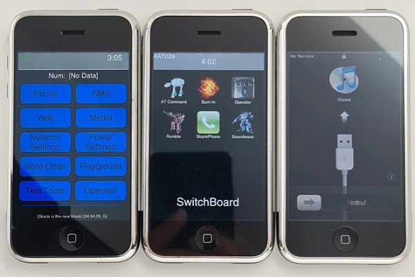 Hình ảnh khác chụp màn hình iPhone đã mở lên có các công cụ chẩn đoán nội bộ của Apple, cho phép thử các chức năng cốt lõi mà không cần sử dụng giao diện người dùng cuối. Ở giữa là chiếc iPhone có chứa "SwitchBoard" với các biểu tượng AT Command, Burn-In, Operator, SkankPhone, Soundwave và Rumble và mẫu thứ 3 có hình ảnh đợi người dùng kết nối iPhone bằng cáp USB với máy Mac hoặc PC chạy iTunes.