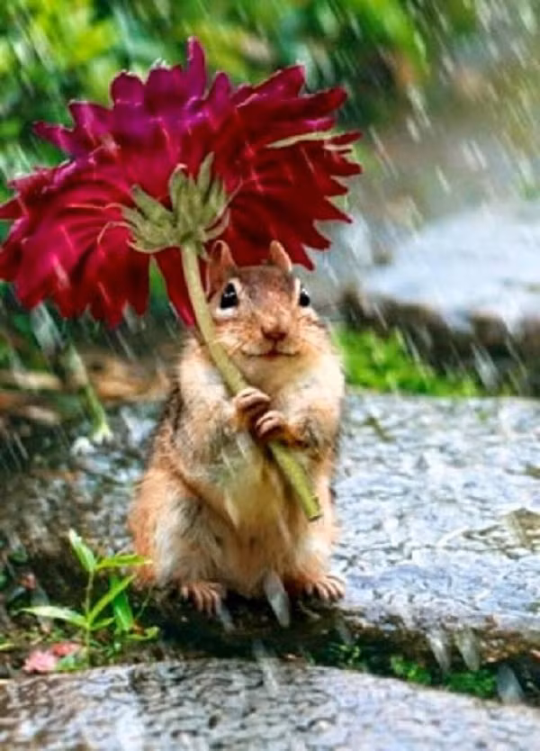 Dù ướt rượt vì dính mưa, chú sóc nhỏ vẫn tỏ ra hết sức vui vẻ và háo hức khi kiếm được chiếc ô tự nhiên vô cùng rực rỡ.