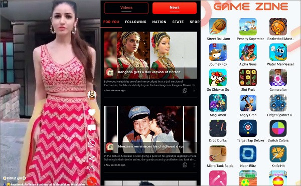 Chingari cũng cung cấp cho người dùng xem lướt qua một số video ngắn, tải về máy, thả tim thích video, chia sẻ video và hơn thế nữa. Người dùng còn có thể kết nối với mọi người thông qua tính năng "Nhắn tin trực tiếp", cập nhật tin tức với mục News.