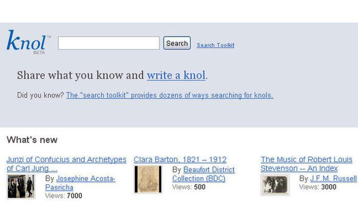 Knol là cách đáp trả của Google với Wikipedia với mục tiêu trở thành nơi người dùng chia sẻ các bài viết về nhiều lĩnh vực. Tuy nhiên rất tiếc Knol lại không có số lượng người dùng đủ lớn và đóng cửa năm 2012.