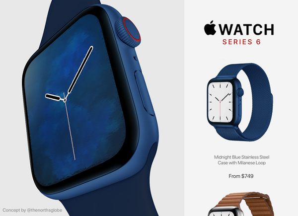 Theo bản dựng của North's Globe Concepts, dù có thiết kế không đổi với thế hệ 5 nhưng Apple Watch Series 6 với màu Xanh Navy vẫn thu hút ánh nhìn đặc biệt.