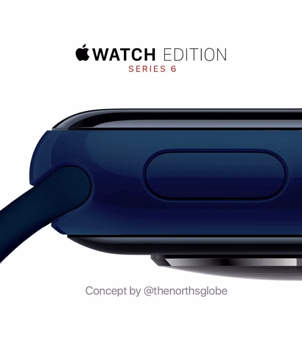 Cận cảnh nút bấm vật lý ở bên cạnh trên concept đồng hồ thông minh Apple màu Xanh navy.