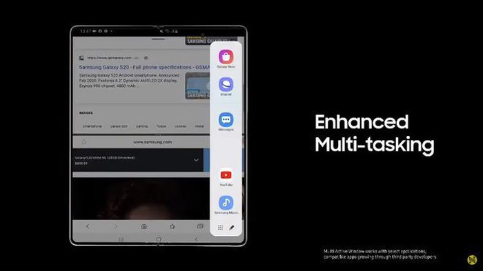 Màn hình bên ngoài của Galaxy Z Fold2 5G có kích thước 6,2 inch bao phủ gần như toàn bộ mặt trước của máy, cụ thể là 7,6 inch với độ phân giải 2.213×1.689 pixel.