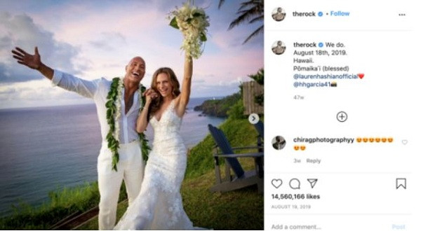 Sau 12 năm bên nhau và có hai con gái xinh xắn, hôm 19/8/2019, siêu sao Dwayne Johnson - đã chính thức tổ chức đám cưới với nữ ca sĩ Lauren Hashian. Bức ảnh nhận được 14.5 triệu lượt thả tim.