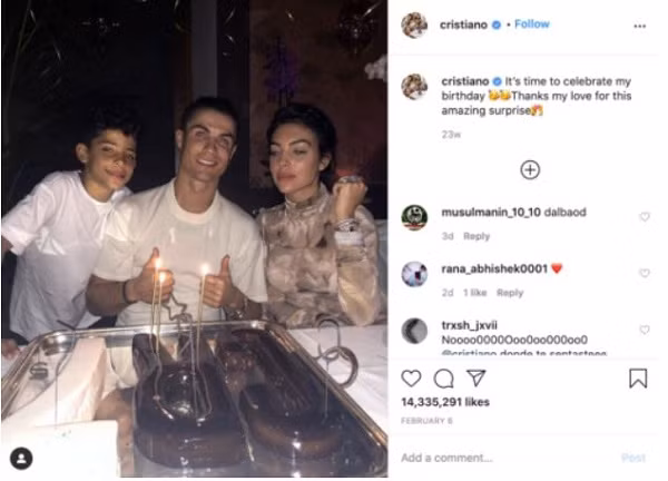 Bức ảnh duy nhất của Cristiano Ronaldo lưu lại khoảnh khắc mừng sinh nhật tuổi 35 cùng con tra và bạn gái lọt top ảnh nhiều lượt thả tim nhất mạng xã hội Instagram.