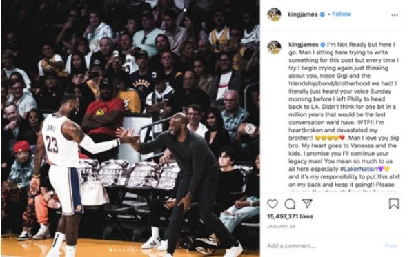 Cầu thủ bóng rổ LeBron James tưởng nhớ về người anh em thân thiết Kobe Bryant.