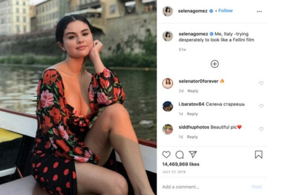 Chỉ đăng "sương sương" bức ảnh ngồi thuyền du ngoạn trên sông tại Ý, Selena Gomez cũng nhận được 14.469 triệu lượt thả tim bởi quá xinh đẹp.