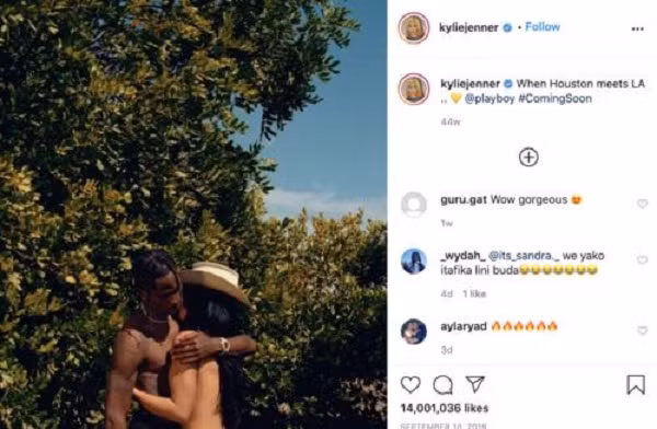 Kylie Jenner và bạn trai cũ Travis Scott cùng bức ảnh tình tứ khi còn mặn nồng, nhận được 14 triệu lượt yêu thích.
