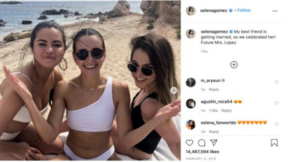 Selena Gomez cùng hội chị em bạn dì ăn mừng vì một người trong số các cô nàng đã "thoát ế" - 14.467 triệu lượt thả tim.