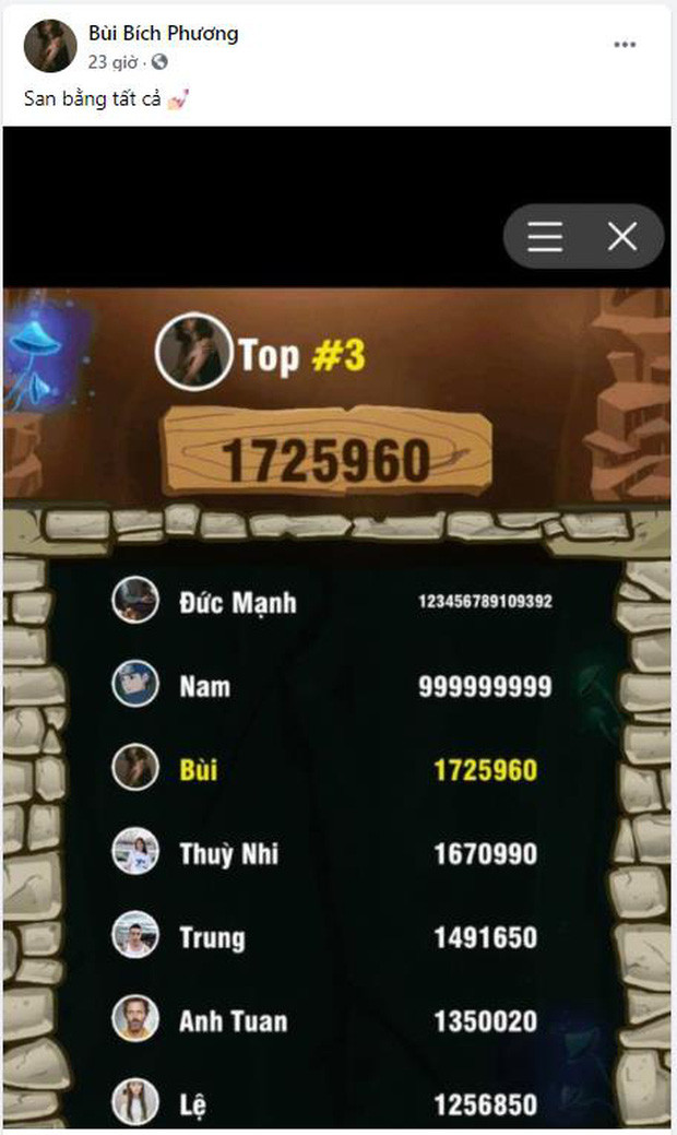 Trước đó, Bích Phương từng đăng tải hình ảnh bảng xếp hạng trò Bắn trứng khủng long huyền thoại cùng tuyên bố sẽ "san bằng tất cả" người chơi của tựa game này để chiếm top 1.