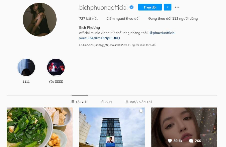 Ngoài trang cá nhân và fanpage Facebook hơn 1 triệu người theo dõi, Bích Phương còn sở hữu trang Instagram 2,7 triệu follow.