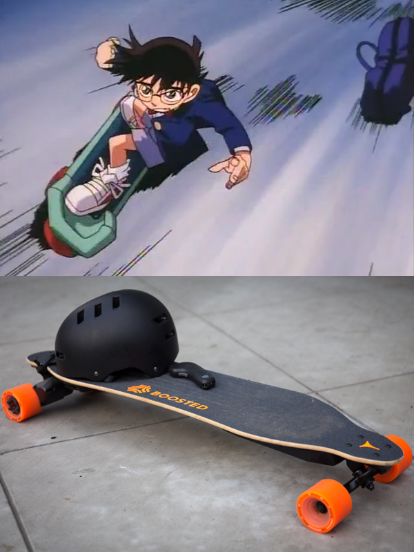 Ban đầu, ván trượt của cậu bé thám tử hoạt động dựa trên năng lượng mặt trời, sau đó đã được tiến sỹ tích hợp thêm pin để có thể sử dụng được vào ban đêm. Những công nghệ này hiện đã được trang bị trên nhiều loại ván trượt để mang đến trải nghiệm trượt tốc độ cao cho người dùng. Một số sản phẩm thực tế có thể đạt tới tốc độ 35 km/h.