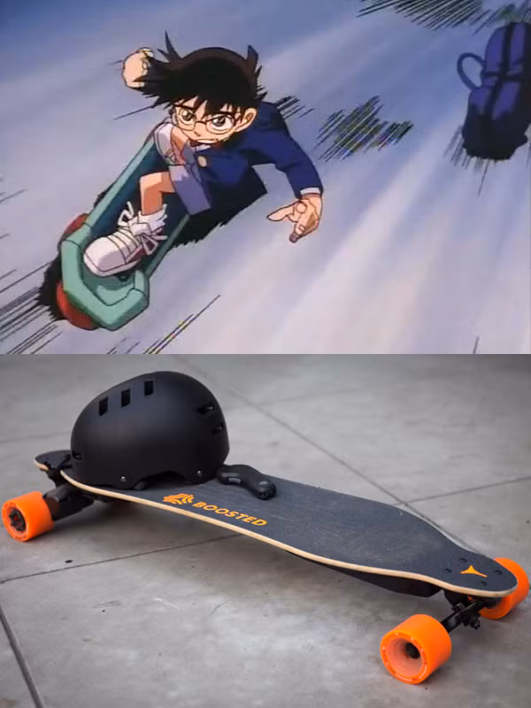 Ban đầu, ván trượt của cậu bé thám tử hoạt động dựa trên năng lượng mặt trời, sau đó đã được tiến sỹ tích hợp thêm pin để có thể sử dụng được vào ban đêm. Những công nghệ này hiện đã được trang bị trên nhiều loại ván trượt để mang đến trải nghiệm trượt tốc độ cao cho người dùng. Một số sản phẩm thực tế có thể đạt tới tốc độ 35 km/h.