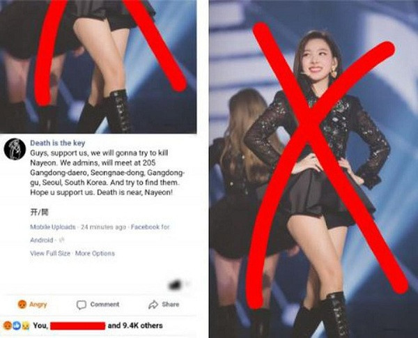 Cụ thể, ngày 1/7 trang Facebook có tên Death is the key đăng tải bài viết với nội dung đe dọa tính mạng của nữ ca sĩ Nayeon, kèm theo bức ảnh của nữ thần tượng này: "Mọi người, hãy ủng hộ chúng tôi. Chúng ta sẽ gặp mặt tại số 205 đường Gangdong-daero, phường Seongnae-dong, quận Gangdong-gu, Seoul, Hàn Quốc để tìm kiếm người này. Cái chết đã gần kề rồi Nayeon à".