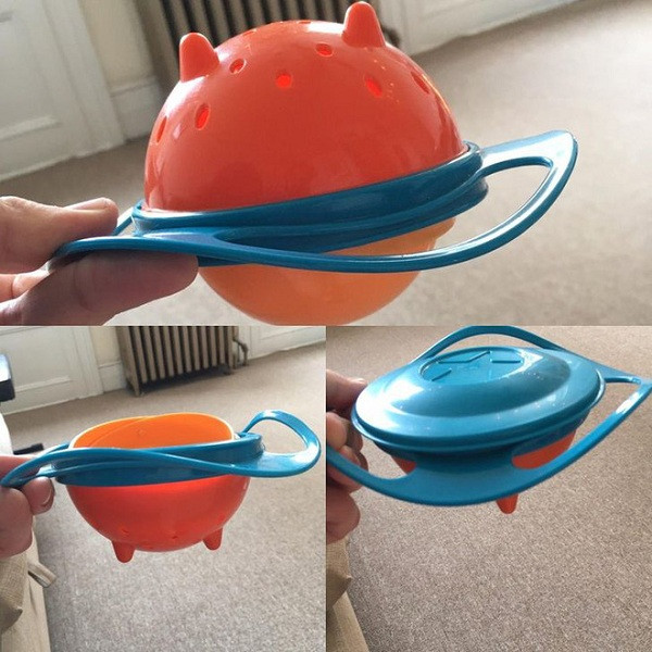 Một con quay cao su tích hợp bát nhựa để trẻ em cất giữ đồ ăn nhẹ. Những đứa trẻ có thể cầm theo chạy tung tăng với đồ ăn nhẹ trong bát mà thức ăn không rơi ra ngoài.