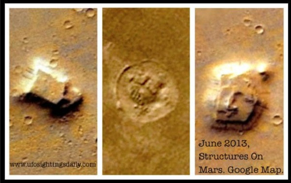 Ngày 18.6.2013, Scott Waring, chủ sở hữu website chuyên về dấu vết người ngoài hành tinh, công bố anh tìm thấy được ba cấu trúc mà có thể đó là ba công trình được xây dựng bởi bàn tay người ngoài hành tinh. Tất cả 3 khối đều có đường kính từ 1 đến 2,5km, giống nhau về hình dạng, giống dạng kiến trúc này ở các Kim tự tháp Ai Cập.