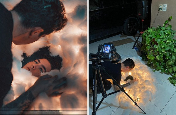 Đám bông gòn cũ cùng vài chiếc bóng đèn vàng cũng có thể trở thành background hoàn hảo.