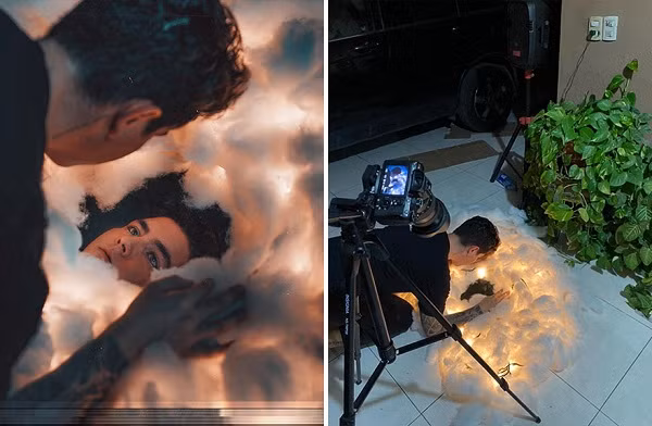 Đám bông gòn cũ cùng vài chiếc bóng đèn vàng cũng có thể trở thành background hoàn hảo.