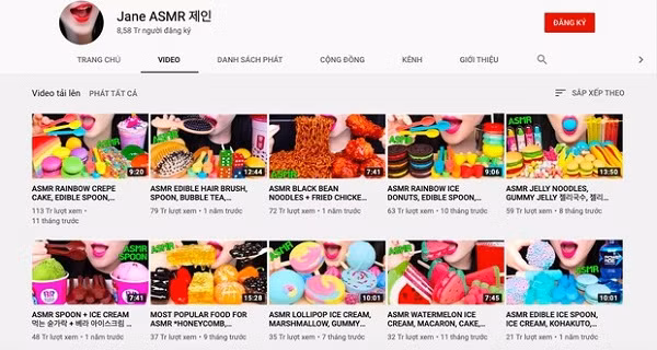 Hiện kênh Jane ASMR giúp chủ nhân thu về khoảng 796 triệu won mỗi tháng (khoảng 15,4 tỷ đồng). Những món ăn được Jane lựa chọn để thực hiện mukbang đa phần cũng là đồ ăn ngọt, thậm chí được tạo hình thành các đồ vật quen thuộc hàng ngày rất độc đáo.