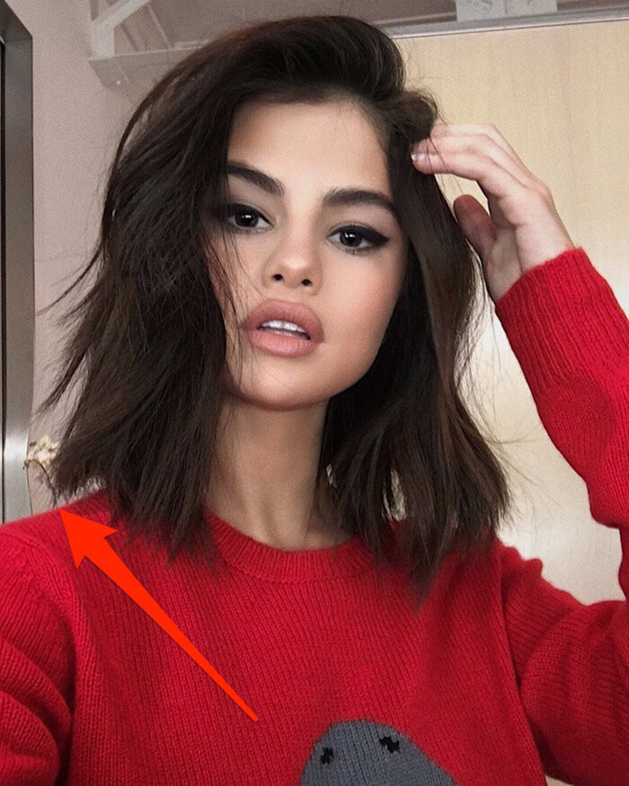 Hẳn là Selena Gomez đã có tác động nào đó lên mái tóc trong ảnh, khiến phần cửa đằng sau bị cong kỳ la.