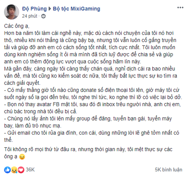Trong một lần khác, vì quá bức xúc trước việc không chỉ bản thân mà gia đình cũng bị ảnh hưởng bởi nhiều đối tượng fan cuồng, Độ Mixi đã từng phải viết tâm thư để cầu xin anti-fan ngừng những trò quấy rối.