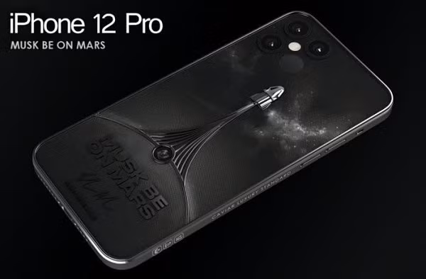 Bản độ iPhone 12 ''Musk be on Mars'' có mặt lưng đen nhưng nổi bật với hình ảnh tàu vũ trụ Crew Dragon đang được phóng vào vũ trụ. Bên dưới là tên "Musk be on Mars" và chữ ký tỷ phú Elon Musk được in nổi.
