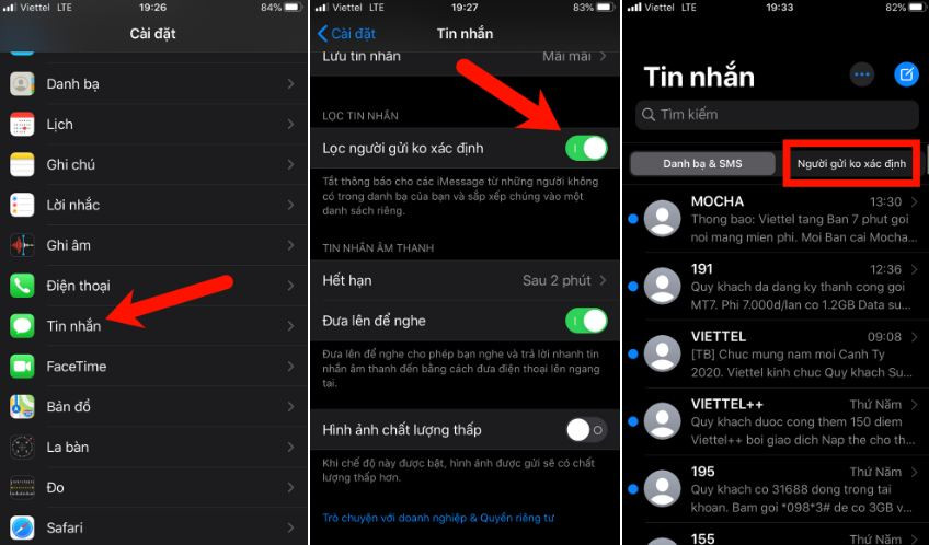 Nhiều dòng điện thoại, trong đó có iPhone, trang bị tính năng tự động lọc các tin nhắn rác gửi đến máy và bạn có thể kích hoạt một cách dễ dàng. Bạn truy cập phần Cài đặt, kéo xuống rồi chọn Tin nhắn, bật tính năng Lọc người gửi không xác định, nằm ở gần đáy trang cài đặt.