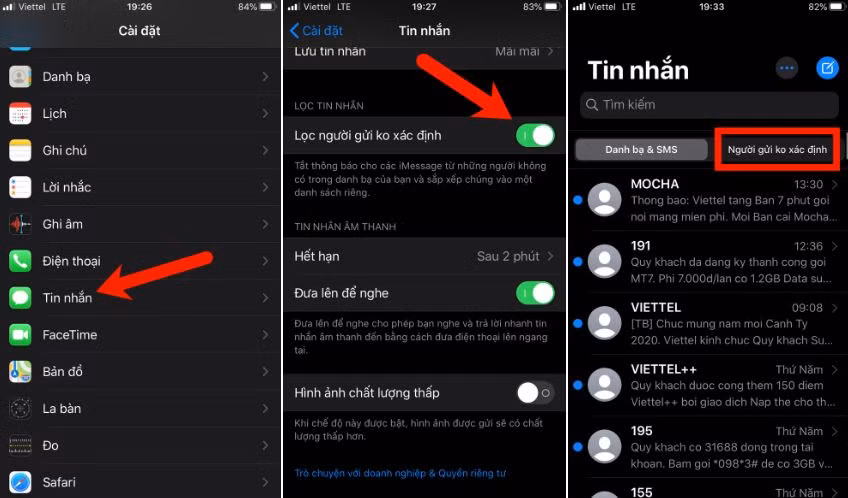 Nhiều dòng điện thoại, trong đó có iPhone, trang bị tính năng tự động lọc các tin nhắn rác gửi đến máy và bạn có thể kích hoạt một cách dễ dàng. Bạn truy cập phần Cài đặt, kéo xuống rồi chọn Tin nhắn, bật tính năng Lọc người gửi không xác định, nằm ở gần đáy trang cài đặt.
