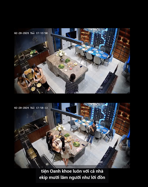 Mới đây, Phương Oanh chia sẻ hình ảnh camera ghi lại buổi nấu ăn của cô. Theo đó, Phương Oanh nấu ăn phần chính, thi thoảng được một giúp việc hỗ trợ việc rửa rau, bát đĩa.