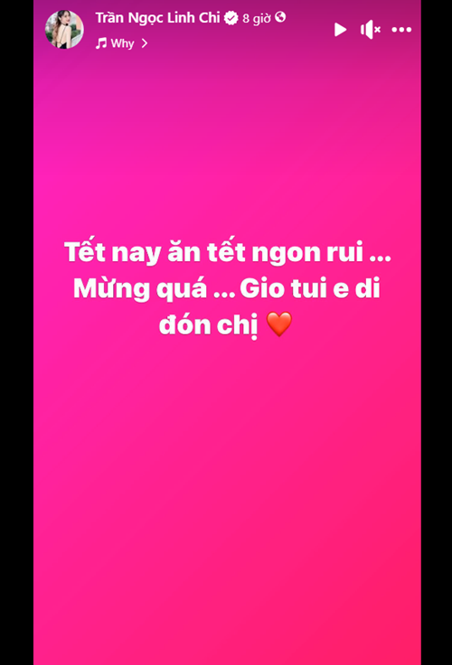 Người mẫu Linh Chi cũng đi đón Ngọc Trinh. “Tết năm nay thật ý nghĩa. Mãi bên nhau chị nhá”, Linh Chi nhắn nhủ Ngọc Trinh. Ảnh chụp màn hình.