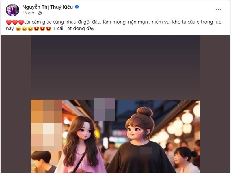 Thúy Kiều viết: "Cái cảm giác cùng nhau đi gội đầu, làm nóng, nặn mụn. Niềm vui khó tả của em trong lúc này. 1 cái Tết đong đầy". Ảnh chụp màn hình.