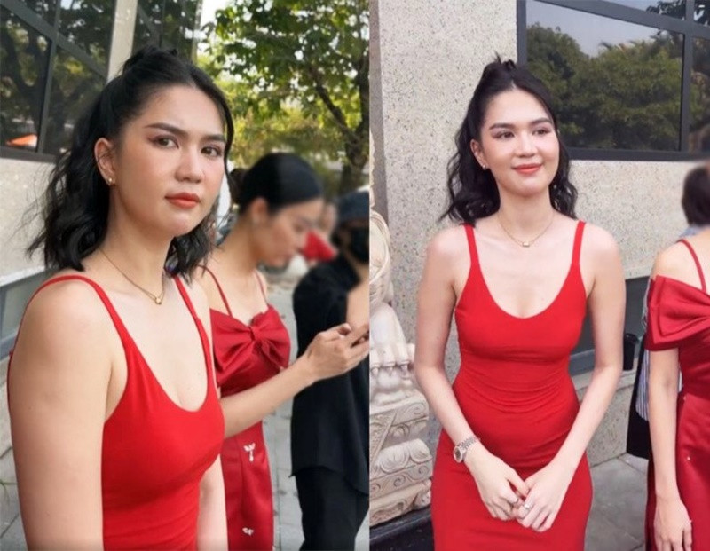 Trong buổi sáng ngày 19/2, Ngọc Trinh diện đầm đỏ, tham gia buổi khai trương đầu năm mới của công ty. Ảnh: Người Đưa Tin.
