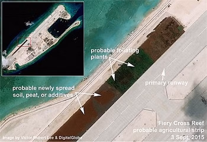 Khu đất màu xanh sẽ là nơi trồng trọt, có thể cung cấp thực phẩm tươi và tránh bão biển tấn công vào đường băng bên trong