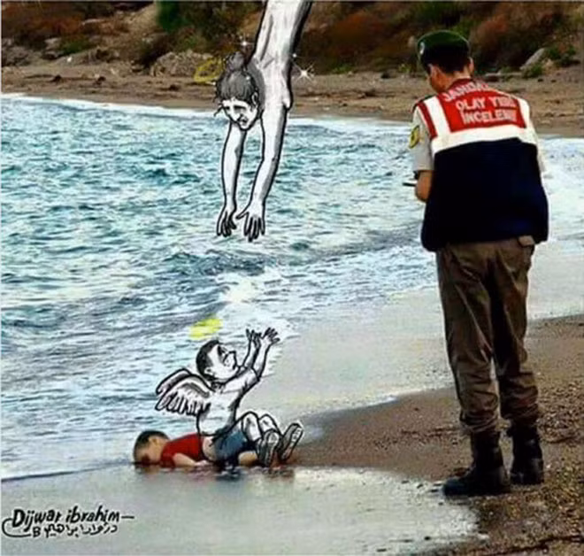 Rot nuoc mat voi tranh tuong niem be trai Syria chet duoi