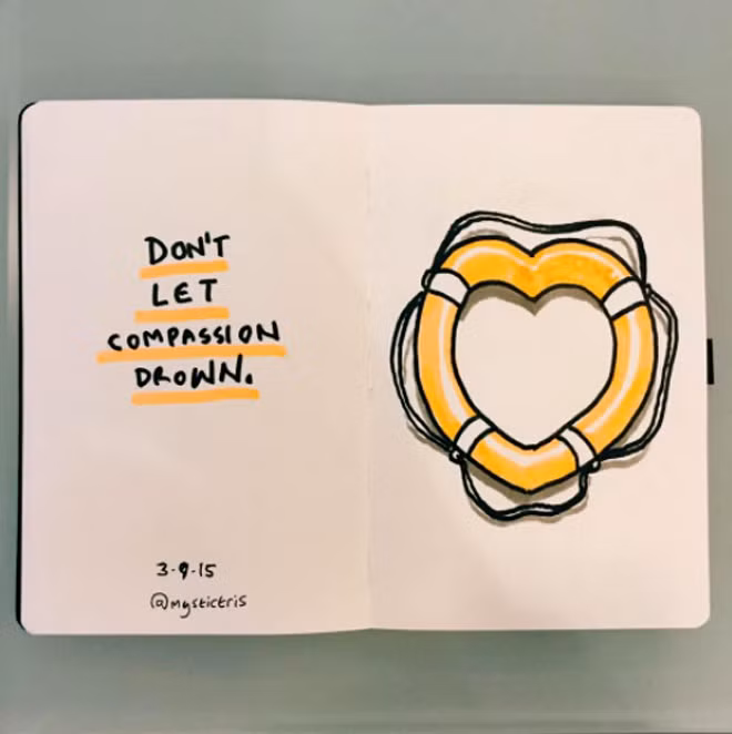 Đừng để lòng từ bi cũng chết đuối là thông điệp của bức tranh tưởng niệm này.