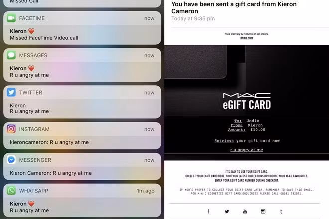 Trong một lần say xỉn, bạn trai của Jodieduncan đã nhắn cho cô qua rất nhiều ứng dụng nhưng mọi tin đều chung một nội dung: "Em giận anh à?". Ngay cả món quà anh dành tặng bạn gái cũng chứa thông điệp tương tự. Câu chuyện đáng yêu của cặp uyên ương này thu hút hơn 127.000 like (thích) và 48.000 chia sẻ.